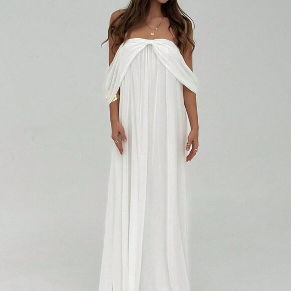 White Elegant Women's Holiday Sexy Off Shoulder Strapless Flowing Backless Dress - Picture 4 of 8